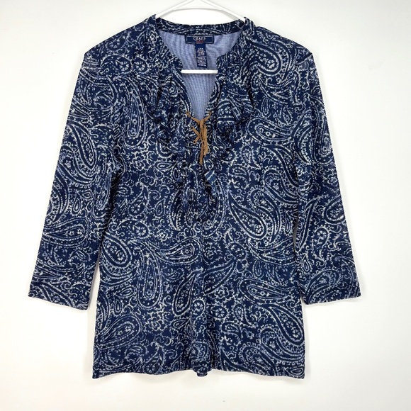Chaps Denim Womens Large Pullover Mesh Top Blue Paisley Fitted Ruffles 3/4 Slv - Picture 1 of 8